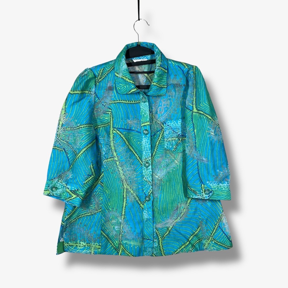 Sophia Button Up‎ Blouse Women 2 Blue Green Abstract Art To Wear Maximalist Chic
